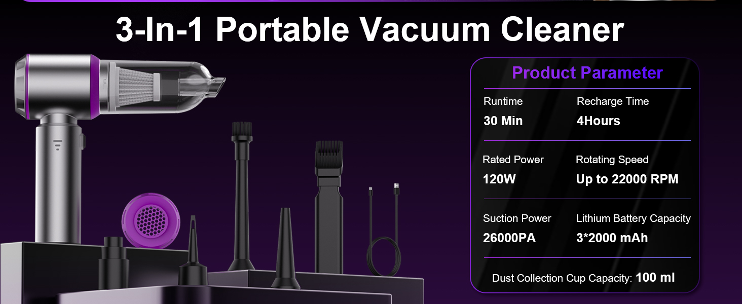 Акумуляторний ручний пилосос KITBEZN для авто та дому, безщітковий двигун, 26000Па, 3 режими потужності, бездротовий, фіолетовий