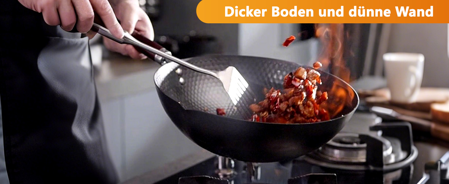 LIYGAOF Вок з кришкою 32 см з чавуну: Вок для всіх типів плит, кована чавунна сковорода, без хімічного покриття, легко миється