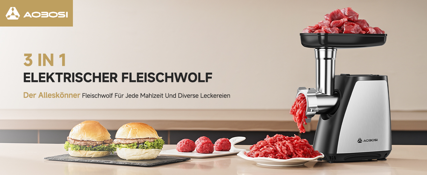 М'ясорубка електрична AAOBOSI 3-в-1, 2800 Вт, нержавіюча сталь: з насадками для ковбас та кубебе, 2 ножі, 3 решітки для дому