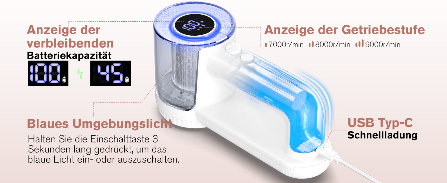Електричний видальник ворсу Homtronics з USB-зарядкою, LED-дисплеєм та 6-кліновою головкою для одягу, диванів та килимів (білий)