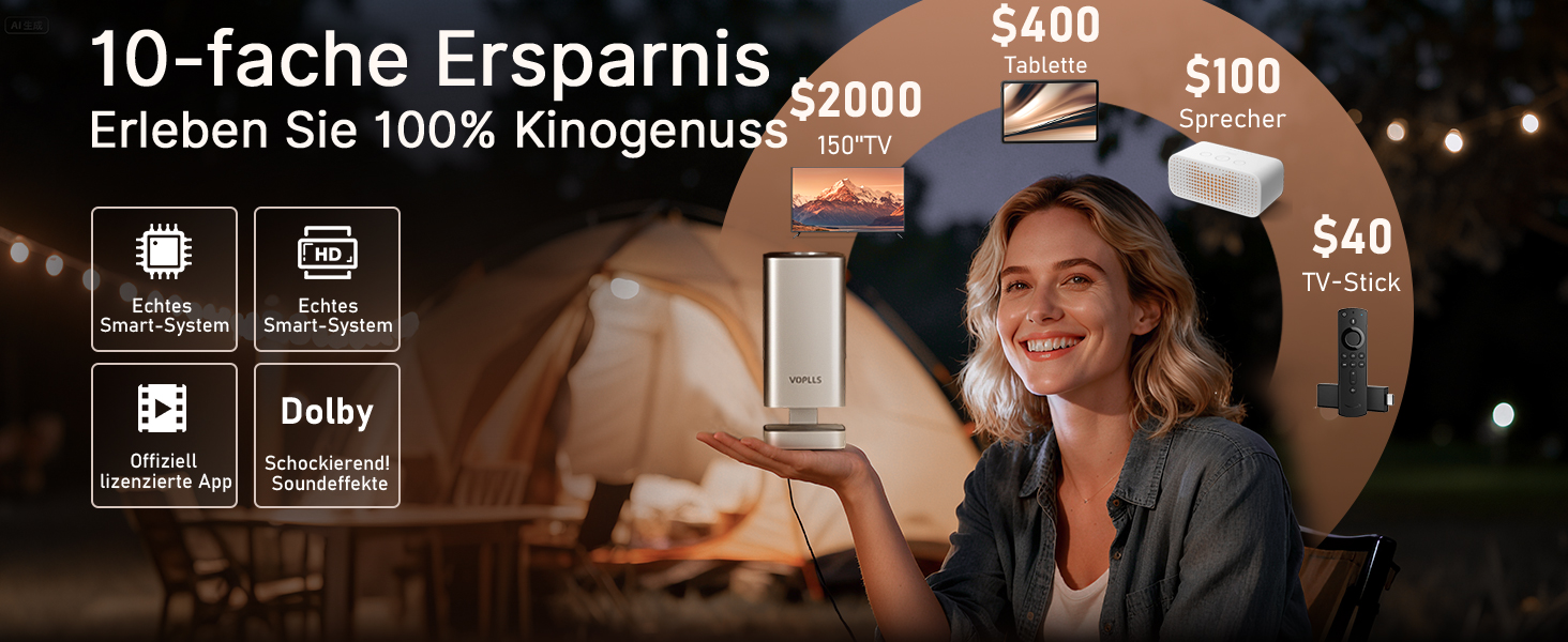 Smart проектор 4K VOPLLS Heimkino: Netflix, 30000 люмен, WiFi 6, Bluetooth, FHD 1080P, Автофокус, Корекція трапеції, Золотий