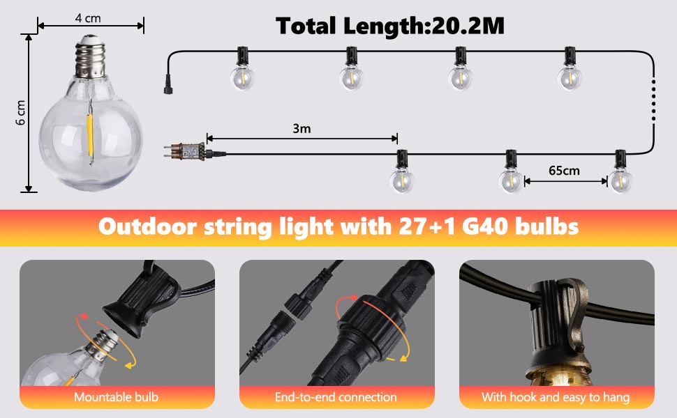 LED гірлянда вулична Joomer 20м, 28 LED G40, тепла біла, з пультом ДК, 3 режими, вологостійка для саду та вечірок