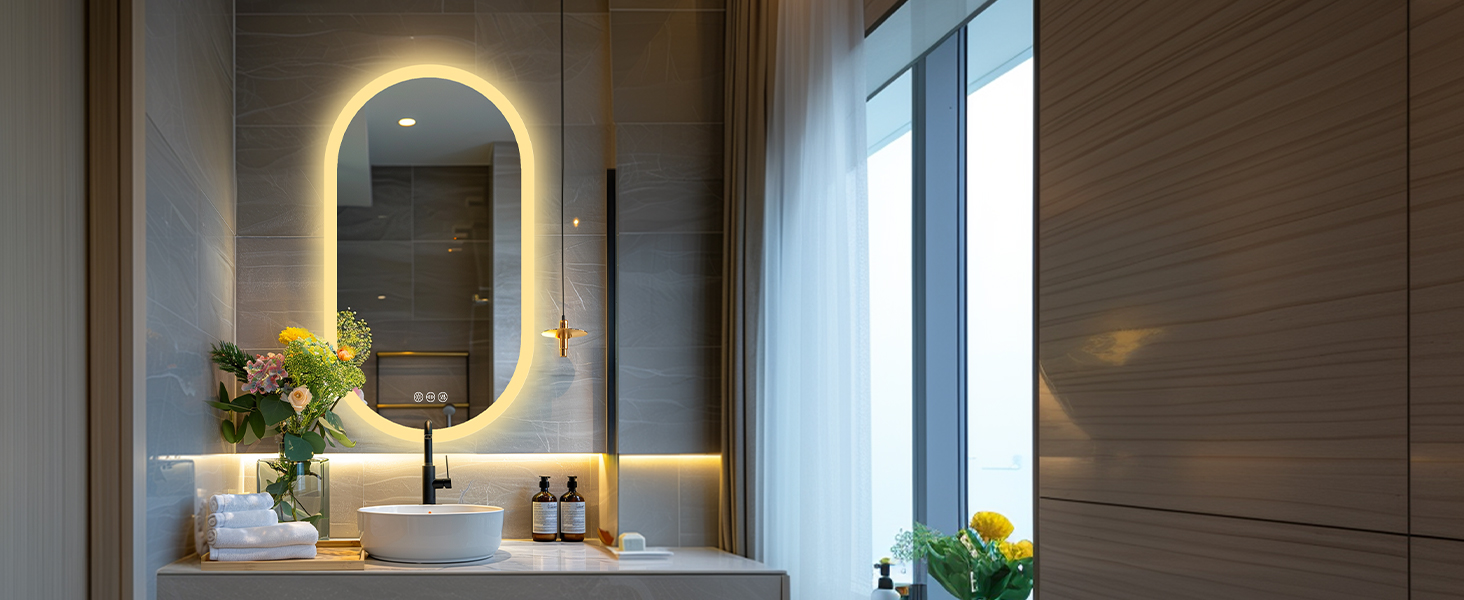 Дзеркало для ванної кімнати LUVODI овальне зі світлом, 50x80 см: LED, сенсорне керування, антизапар, 3 кольори, регулювання яскравості, пам'ять
