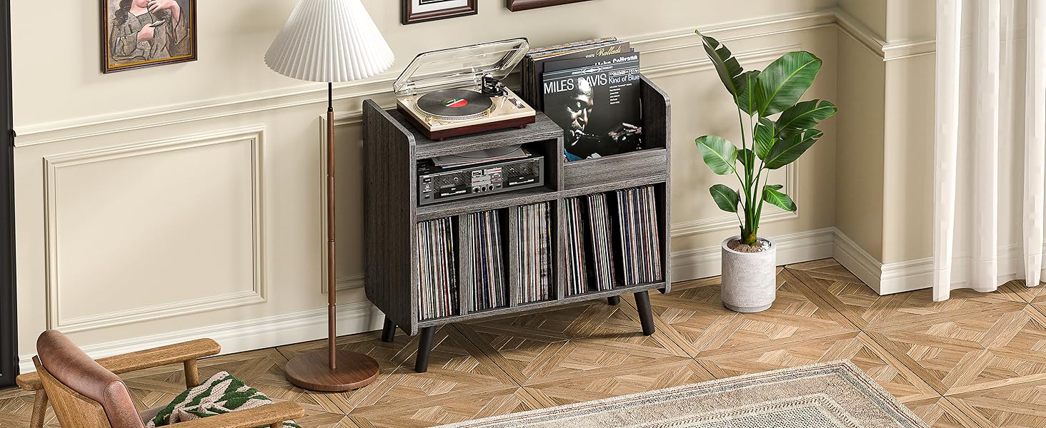 Стіл для програвача, стійка для вінілових пластинок середини століття з місцем для зберігання до 350+ альбомів, шафа для вінілу з регульованими полицями (Сірий)