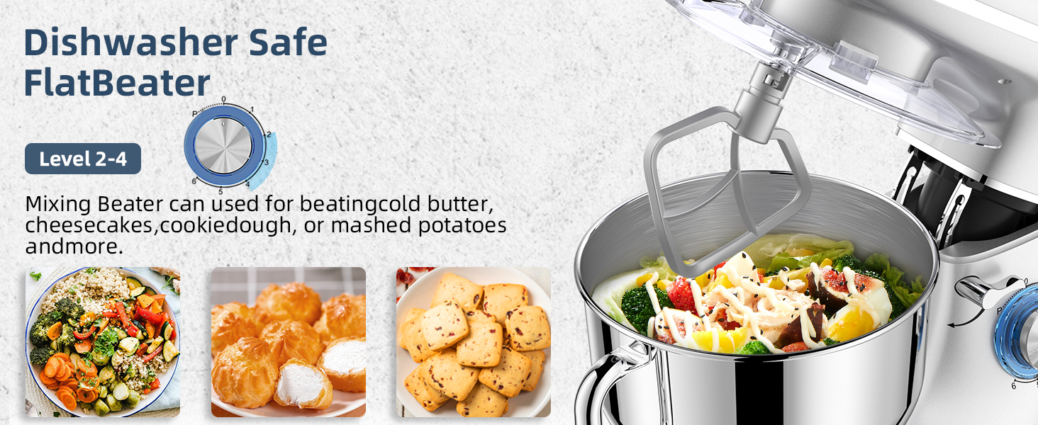 Кухонна машина Cheflee 2000W з місткою чашею 6.2L з нержавіючої сталі, 6 швидкостей, низький шум, набір насадок (міксер, гак для тіста), захист від бризок