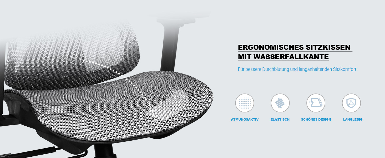 Ергономічне крісло для офісу та дому, 4D підлокітники, регулювання глибини сидіння, 4-рівневий нахил, гумові колеса, сітчасте сидіння, висока спинка, для великих людей, Homeoffice & Gaming (Сірий, сітчасте сидіння)