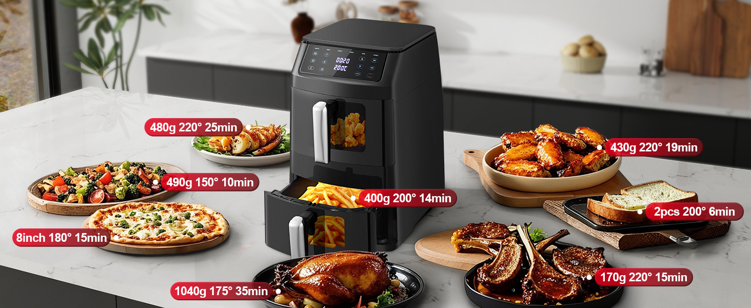 Вертикальна аерофритюрниця TopStrong з двома камерами 11л, 2500W, з вікном перегляду та 6 функціями приготування, чорна