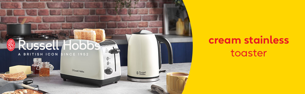 Тостер Russell Hobbs Colours Plus Edelstahl Creme на 2 тости, нержавіюча сталь - з підставкою для булочок, 6 режимів підсмажування, розморожування, Lift & Look, 1600 Вт
