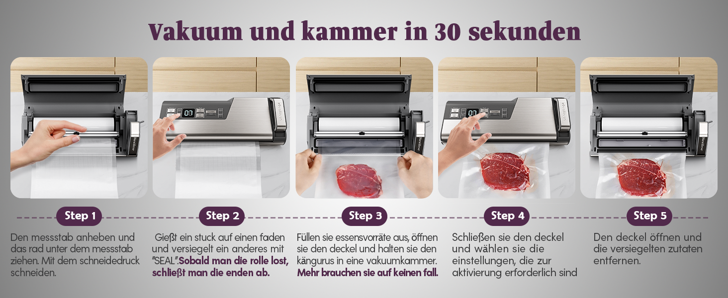 Вакууматор Mesliese для продуктів, 140 Вт, 95 кПа, з подвійним швом, вбудованим різаком та відсіком для рулонів, сірий