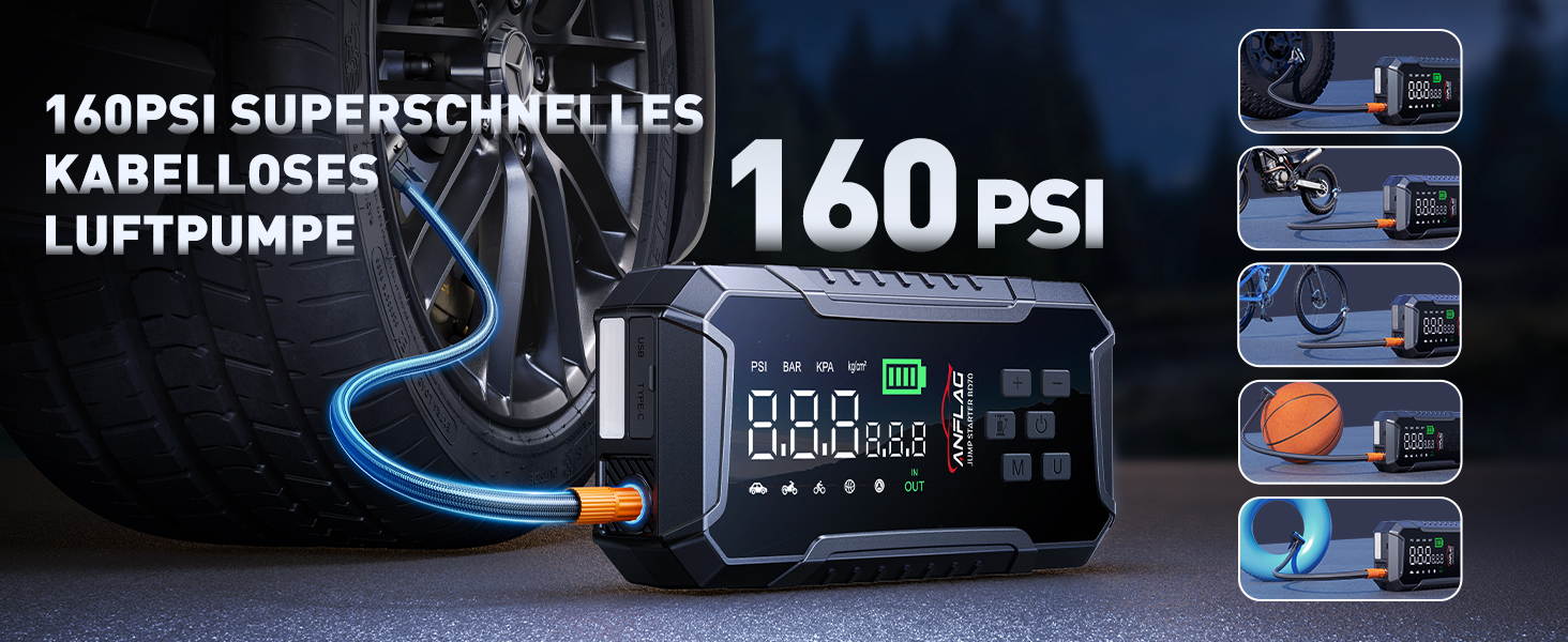 Powerbank для авто ANFLAG 7000A з компресором 160PSI, 26800mAh, для бензинових та дизельних двигунів (до 12.0L), LED-ліхтар