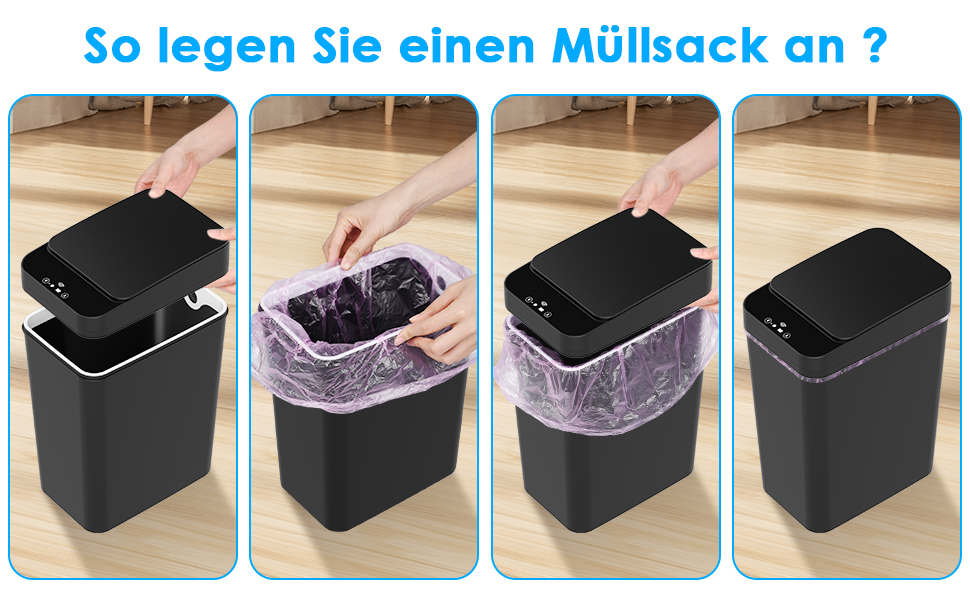 Набір з 2 автоматичних сміттєвих баків з датчиком, 12л, сенсорний кришка, 3 режими роботи, тихий, водонепроникний, інтелектуальний контейнер для сміття, для кухні, офісу, вітальні, ванної кімнати (2 шт. чорний)