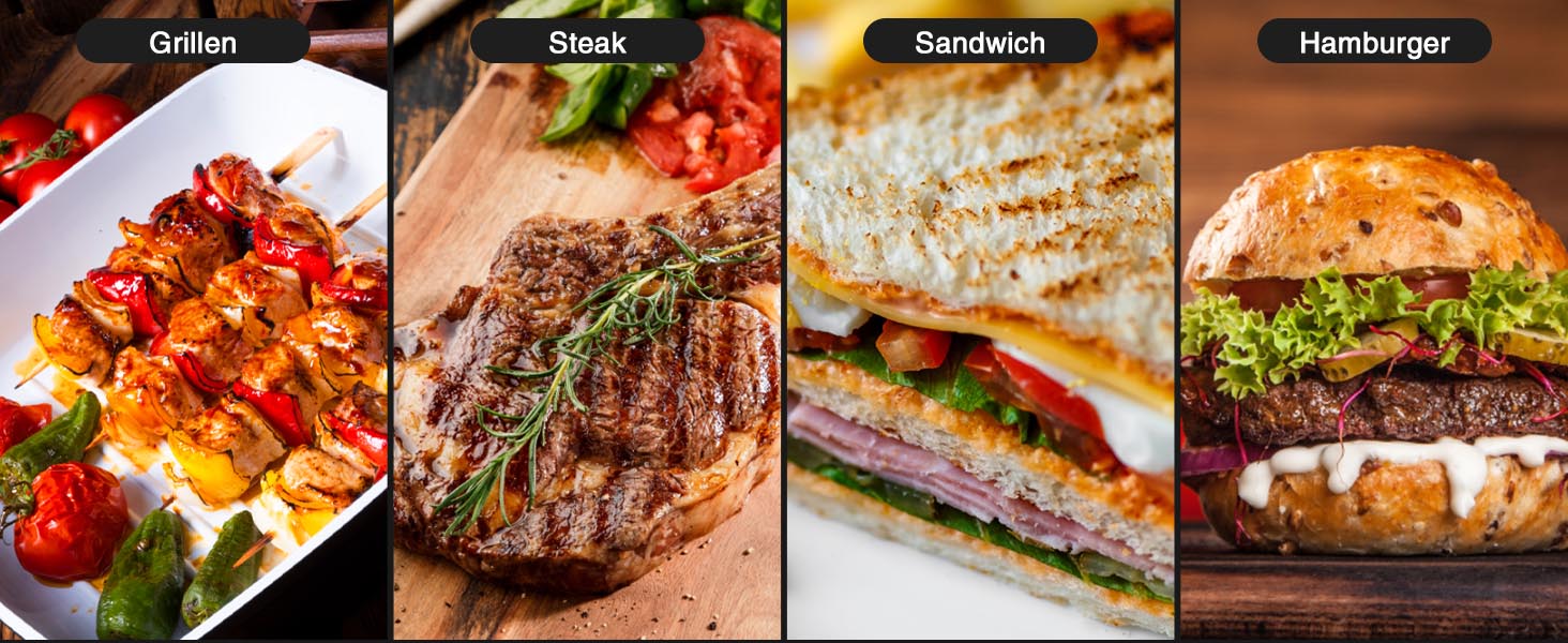 Контактний гриль YASHE, 4 пластини для сендвічів, антипригарне покриття, 1800W, регулювання температури, індикатор, відкривання 180°, знімна підставка для збору жиру, чорний