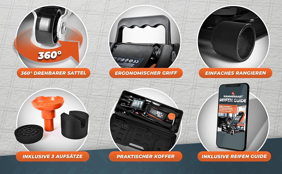 Гідравлічний домкрат HAMMERHART 3T з низьким профілем, 75-505мм, колеса 360°, подвійний поршень, гумові накладки, T-ручка - перевірена якість TÜV