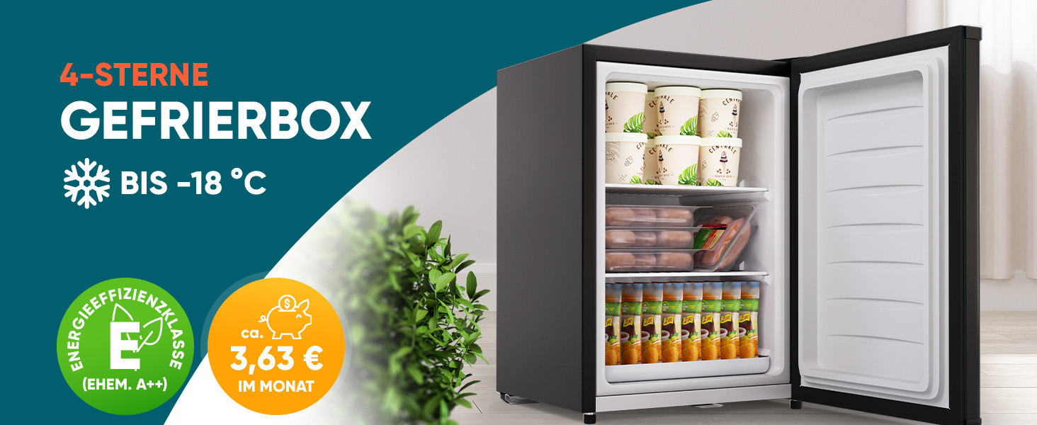 Stillstern Міні морозильник 42L -18°C з формою для льоду, замком, змінним напрямком відкривання дверцят, 4-зірковий глибокий заморожувач для кемпінгу/офісу. Срібний колір.