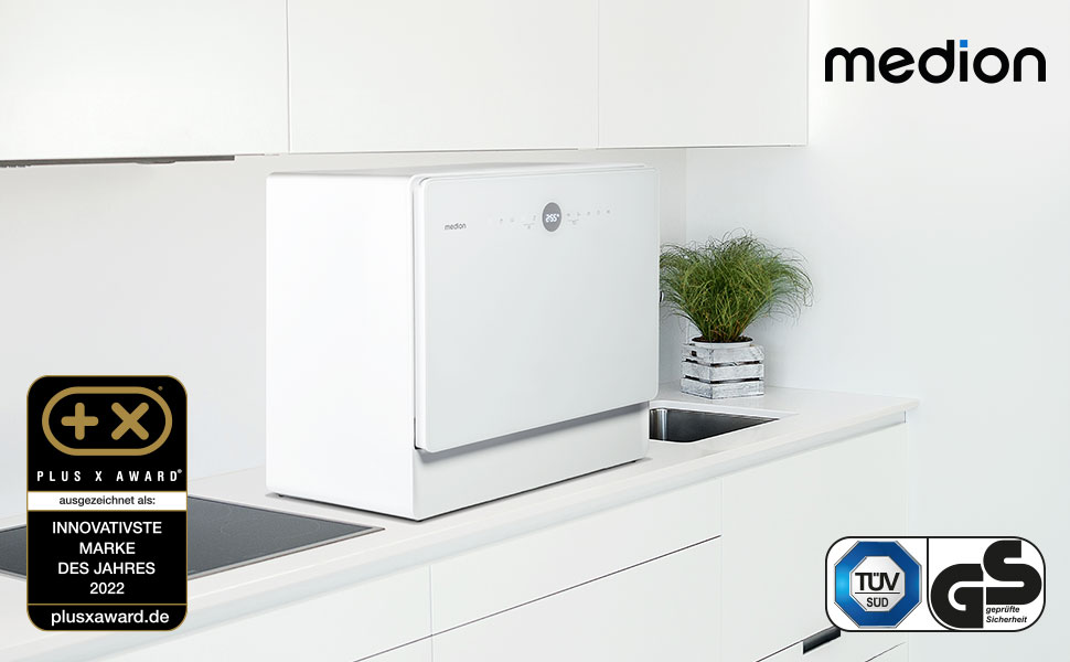 MINI посудомийна машина MEDION DWT51 біла (5 комплектів, з сенсорним керуванням, функція відра, 7 програм, таймер, MD 37766)