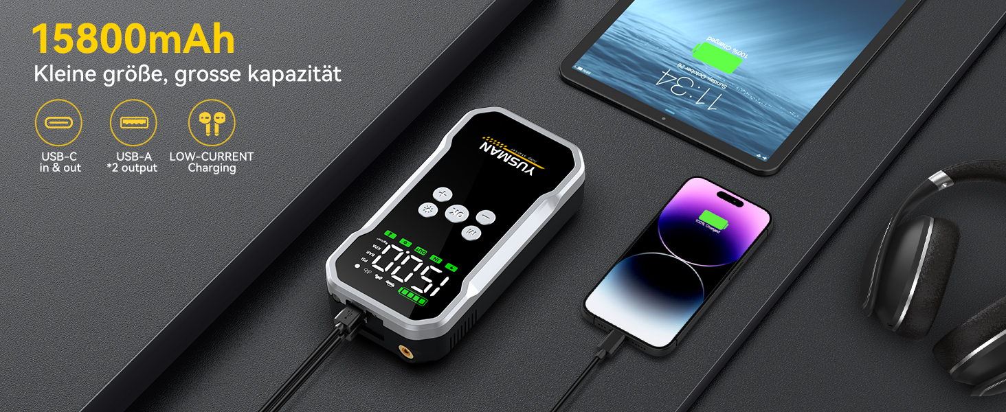 Powerbank для автомобіля Starthilfe: 6000A, 12V, для бензинових та дизельних авто, LCD-дисплей, 4 режими LED-підсвічування – для SUV, мотоциклів, газонокосарок