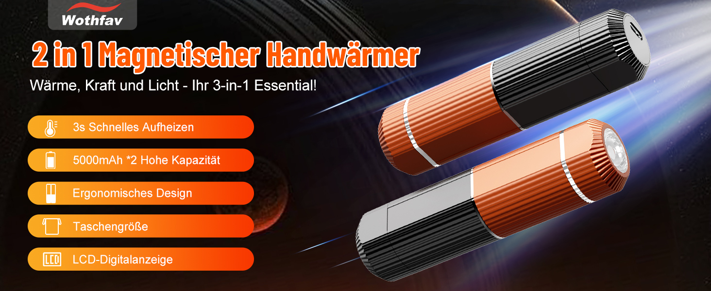 Електричний гріє для рук з ліхтариком, 2 шт., 5000mAh, магнітний, 5 температурних режимів, портативний, для жінок, зимовий подарунок, для зимових видів спорту, indoor/outdoor, чорний та помаранчевий