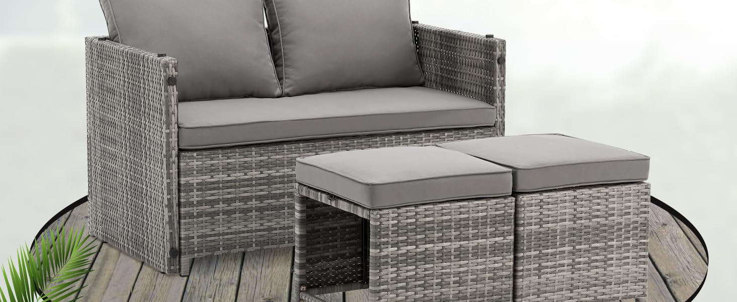 Набір садових меблів Juskys Jamaika 2в1: стіл та диван-крісло для балкона/саду - сірий
