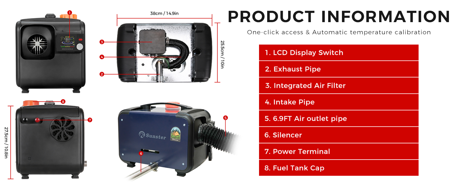 Дизельний опалювач 8kW з Bluetooth, 12V/24V/230V для вантажівок, фургонів, автодому, з автоматичним запуском та адаптером живлення, 2025 року випуску, блакитний