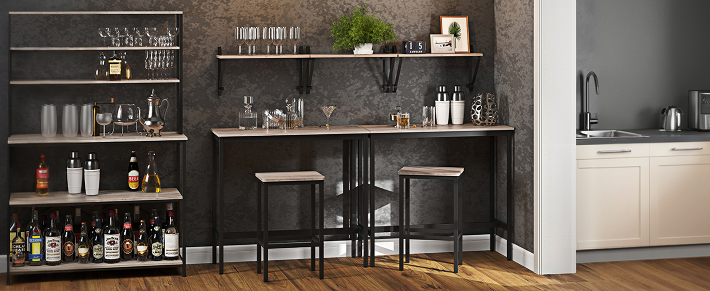 Барний стіл VASAGLE з барними стільцями, комплект для їдальні, стіл для стоячи, сталеве каркас, індустріальний дизайн, вінтажний коричнево-чорний LBT219B01, 2 круглі стільці (чорний горіх + чорний, 2 прямокутні стільці)