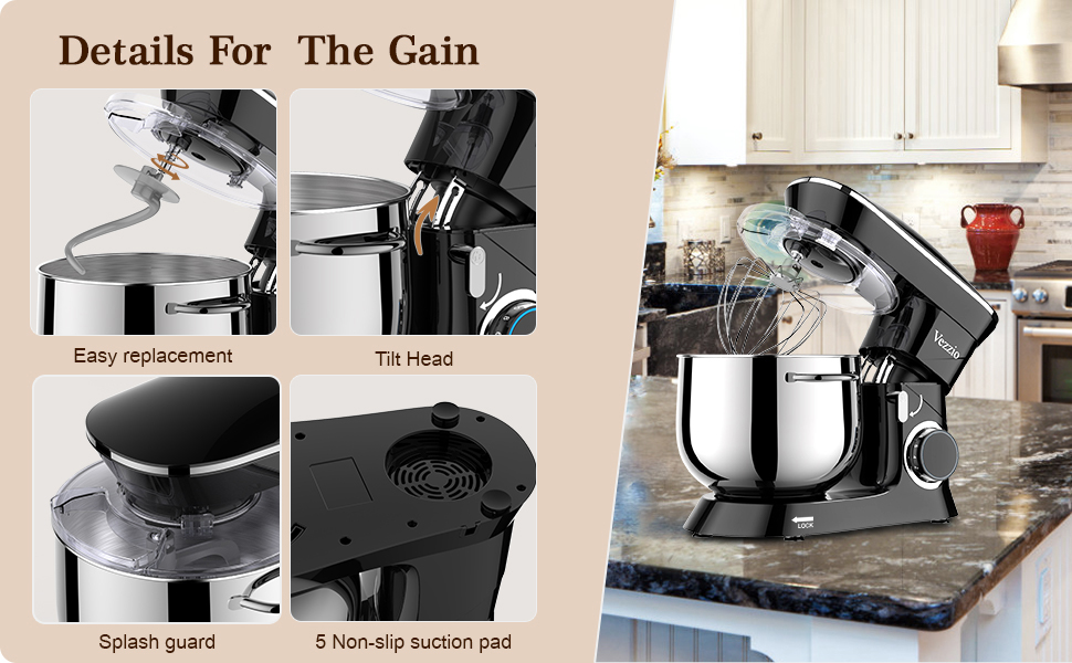 Кухонна машина Vezzio 1500W з чашею 8.5л з нержавіючої сталі, 10 швидкостей, для замішування та збивання тіста (чорна)