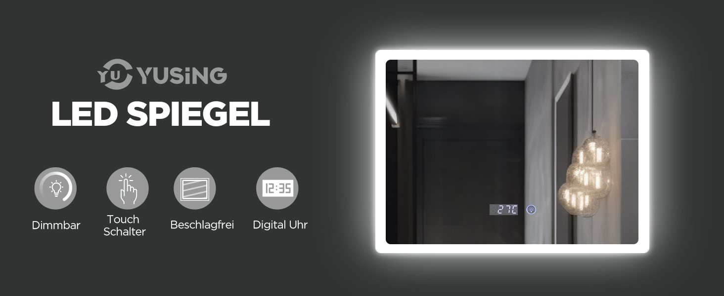 Дзеркало для ванної кімнати YU YUSING з підсвічуванням 80x60 см, LED, 3 кольори світла, регулювання яскравості, антизапар, сенсорне управління, таймер, загартоване скло, IP44, прозоре