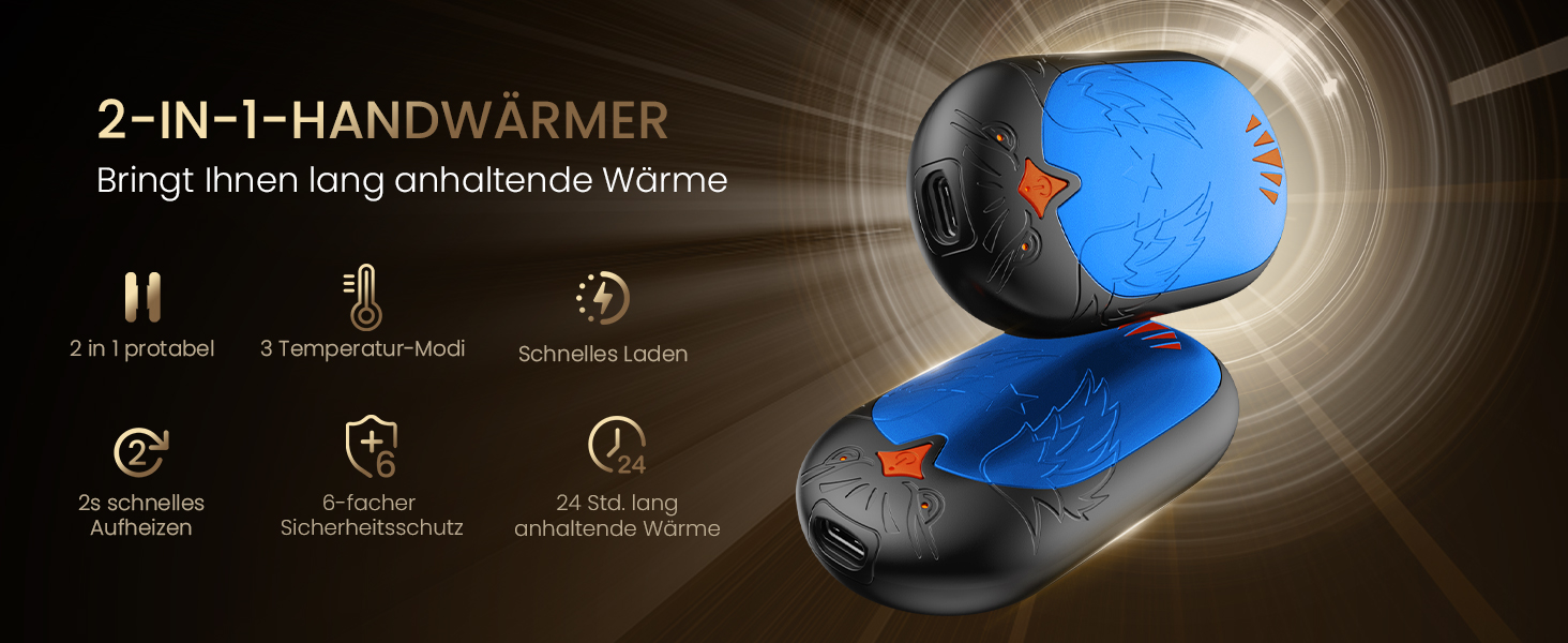 Електричні грілки для рук 2 шт. з USB-зарядкою, 3 режими нагріву, 24 години тепла, багаторазові, для зими, блакитні