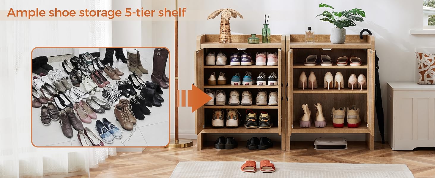 Шафа для взуття 5-ти ярусна у стилі Фармхаус з 2 дверцятами, самостійна шафа для взуття з регульованими полицями та металевими куточками для прихожого та коридору, білий (Ротен Браун, Коричневий)