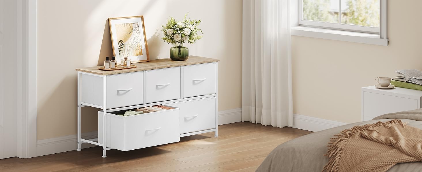 Комод WOLTU з 5 висувними ящиками з тканини, шафа-комод, тумба під TV, для вітальні, спальні, передпокою, з металевим каркасом та ДСП, білий, SSK005ws, білий, 5 тканинних ящиків
