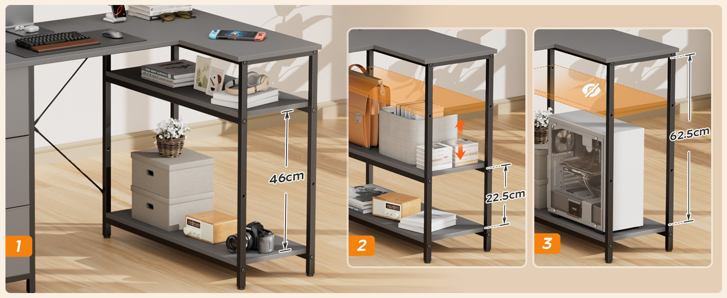Комп'ютерний стіл HLONONE L-подібний з 3 ящиками для тканини, з полицями та бічною кишеню, для офісу, геймінгу та дому, білий (120 x 80 см, сірий)
