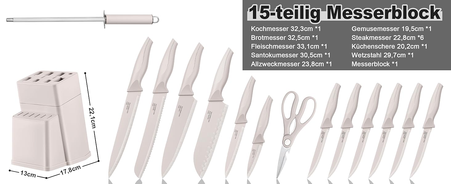 Набір кухонних ножів TEAMFAR з підставкою, 15 предметів, нержавіюча сталь, з точильним каменем, антипригарне покриття, для нарізки, подрібнення, колір хакі
