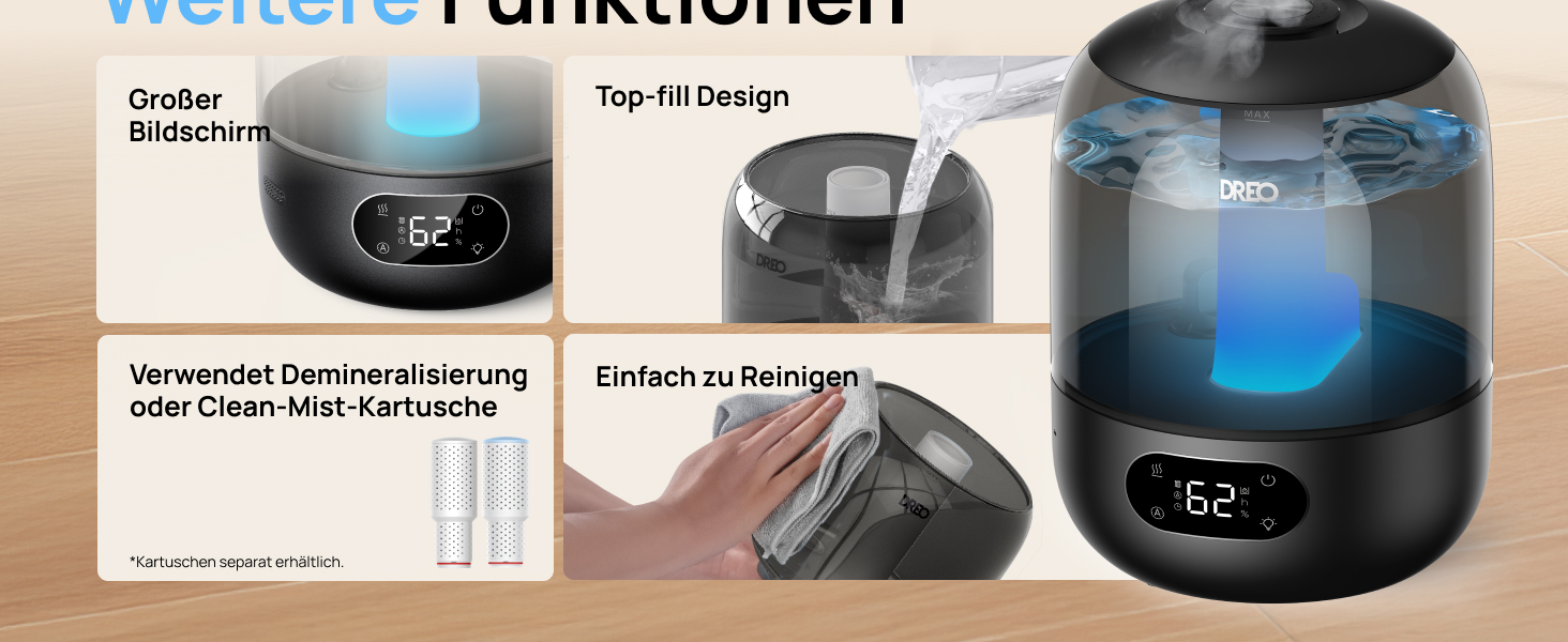 Зволожувач повітря Dreo для спальні, ультразвуковий пристрій холодного туману з 30 годинами роботи, резервуар 3L з верхнім заповненням, датчик вологості, нічне світло для дітей, кімнати, рослин та дому, чорний