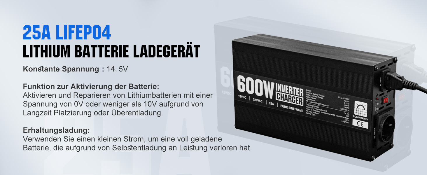 Інверторний зарядний пристрій потужністю 600 Вт від 12 В до 230 В, інвертор із чистою синусоїдою та зарядний пристрій 25 А LifePO4 2-в-1 для автофургонів, причепів, автофургонів, будинків і човнів