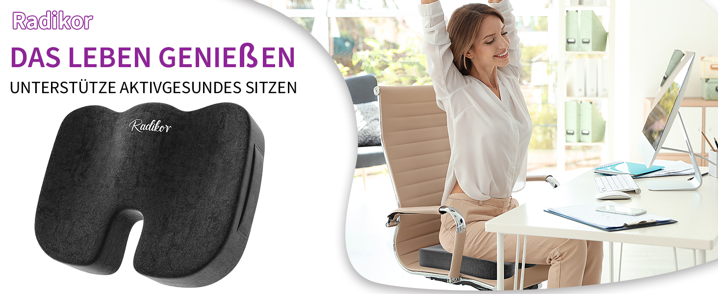 Ортопедична подушка на сидіння для копчика та стегон, ергономічна подушка для офісного крісла та авто з ефектом пам'яті (Memory Foam), протиковзкою основою, чорна