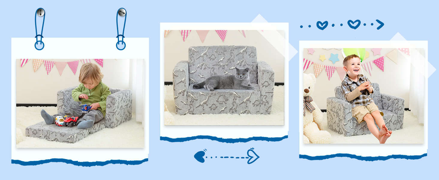 Дитяче диван-ліжко BEJOY 2 в 1 з розкладним механізмом, м'яке крісло, дитячий диван з Sherpa тканини, сірий з динозаврами, ідеальний подарунок для дівчаток та хлопчиків