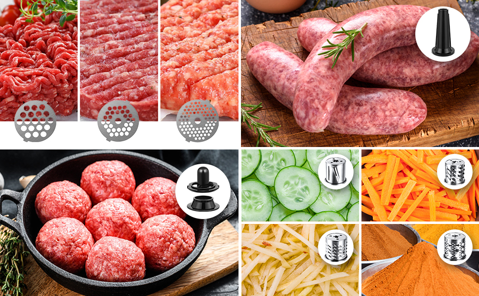М'ясорубка електрична COOCHEER 2000W з насадками для ковбас, кеббе та овочів, сріблясто-сіра