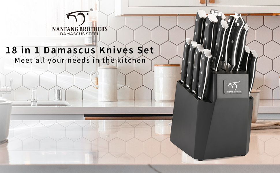 Набір професійних кухонних ножів NANFANG BROTHERS з дамаської сталі, 18 предметів, VG10, 67 шарів, японський кухонний набір, дерев'яний брусок, червоний, чорний