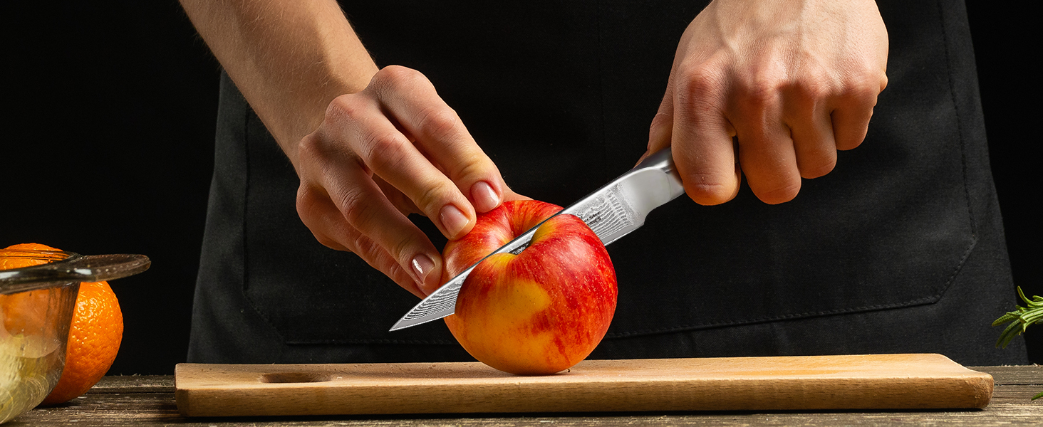 Японський ніж HOSHANHO з дамаської сталі 20 см, 67 шарів, кухонний ніж для приготування їжі, гострий, з ергономічною ручкою оливкового кольору (9.5 см), ніж для очищення