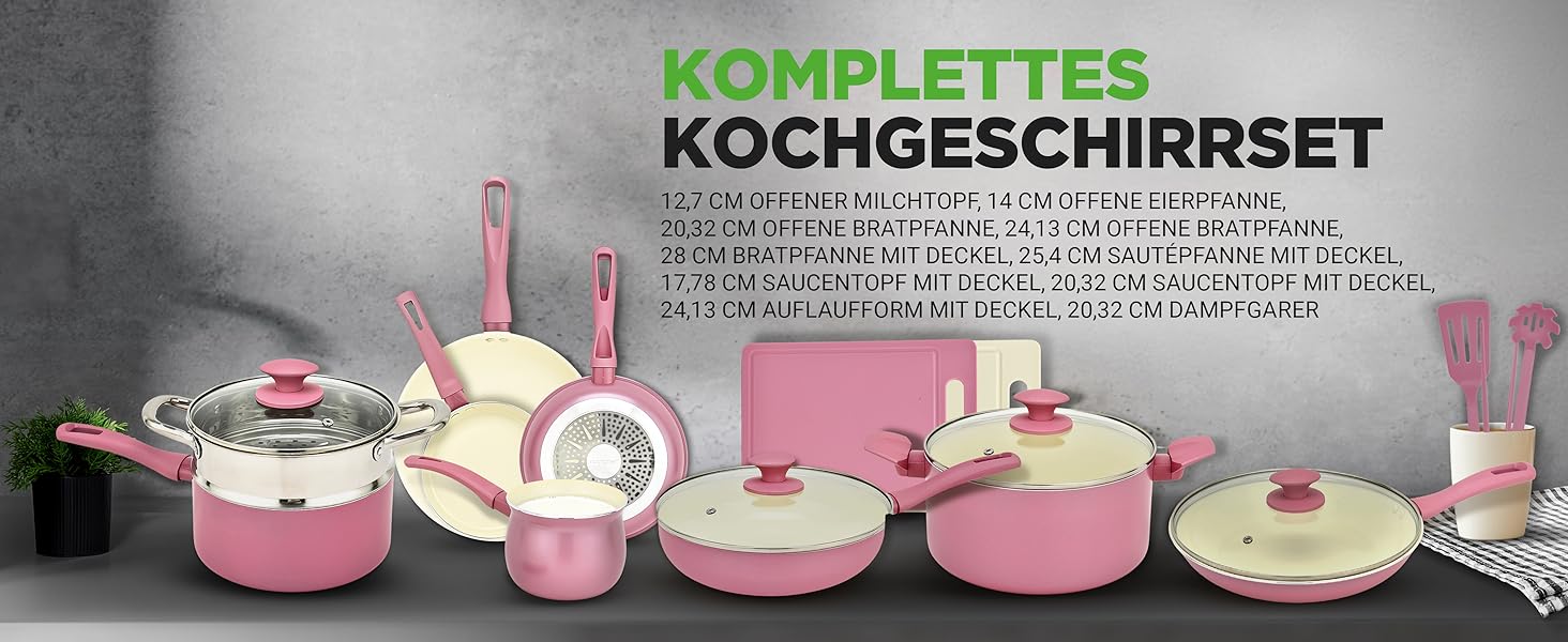 Набір кухонного посуду NutriChef 54 елементи – сковорідки, каструлі, кухонні аксесуари, ножі, форми для випічки, для індукції, газу та електроплити, здорове та дієтичне приготування (рожевий)