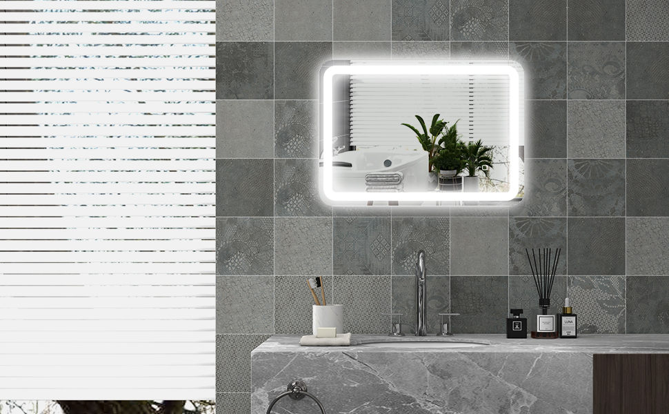 Дзеркало для ванної кімнати HOMCOM з підсвічуванням 50 x 70 см, LED, 3 кольори світла, сенсорне управління, функція пам'яті, антизапар, срібло