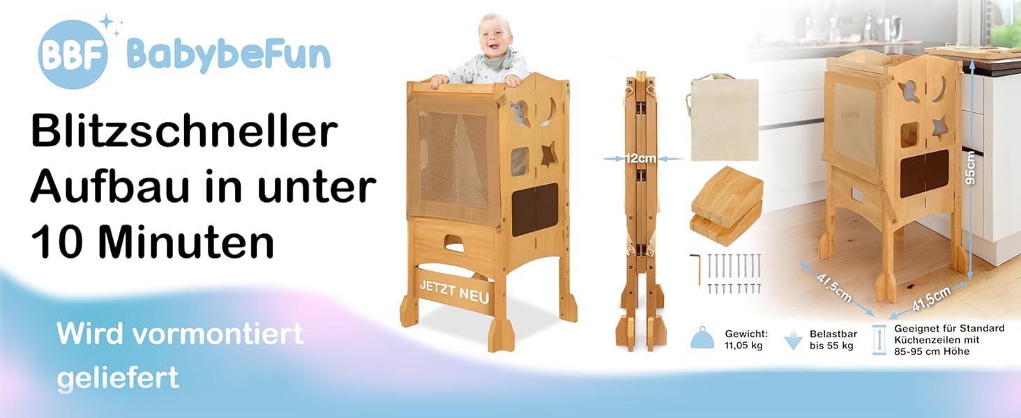 Дитячий навчальний столик-сходинка (1 рік+) з сіткою безпеки 360° - стабільний, масивний, з анти-кидкою, білий (натуральне дерево)