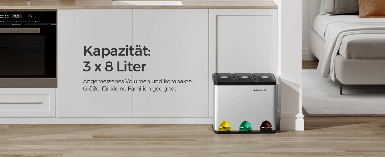 Кухонний сміттєвий бак SONGMIC, 3 на 8 літрів, 3 відділення для відділення сміття, відро для сміття з кришкою для жовтого мішка, органічні відходи, сталеве педальне відро для маленьких сімей, педалі, внутрішнє відро, сріблясто-чорне LTB24L