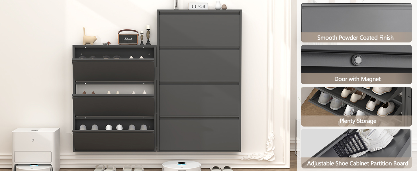 Чорний настінний органайзер для взуття GREATMEET з 4 висувними ящиками, вузький, для передпокою