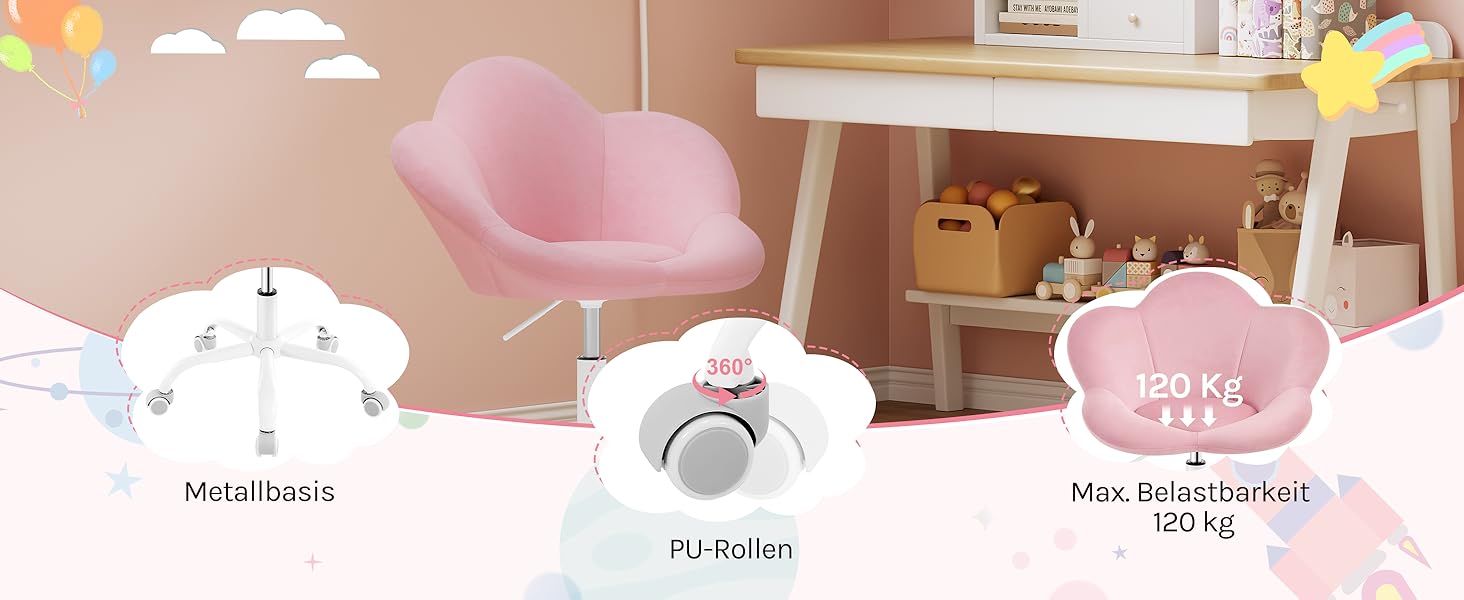 Дитячий ергономічний стілець WOLTU для столу, туалетного столика, офісу, регульована висота, оксамит, світло-фіолетовий