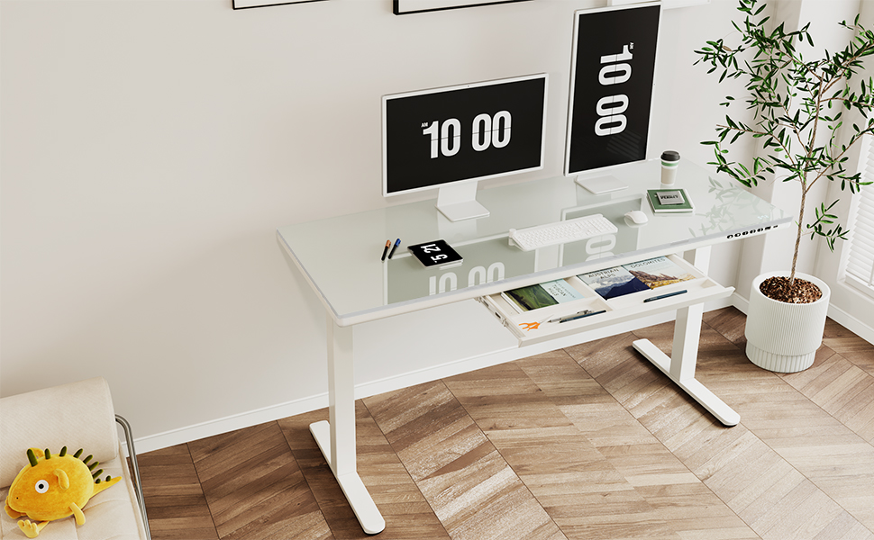 Регульований за висотою стіл JUMMICO, електричний стіл з ящиком, 120x60 см, стіл для стоячи/сидячи, Standing Desk для дому/офісу, білий (140 x 70 см, білий)