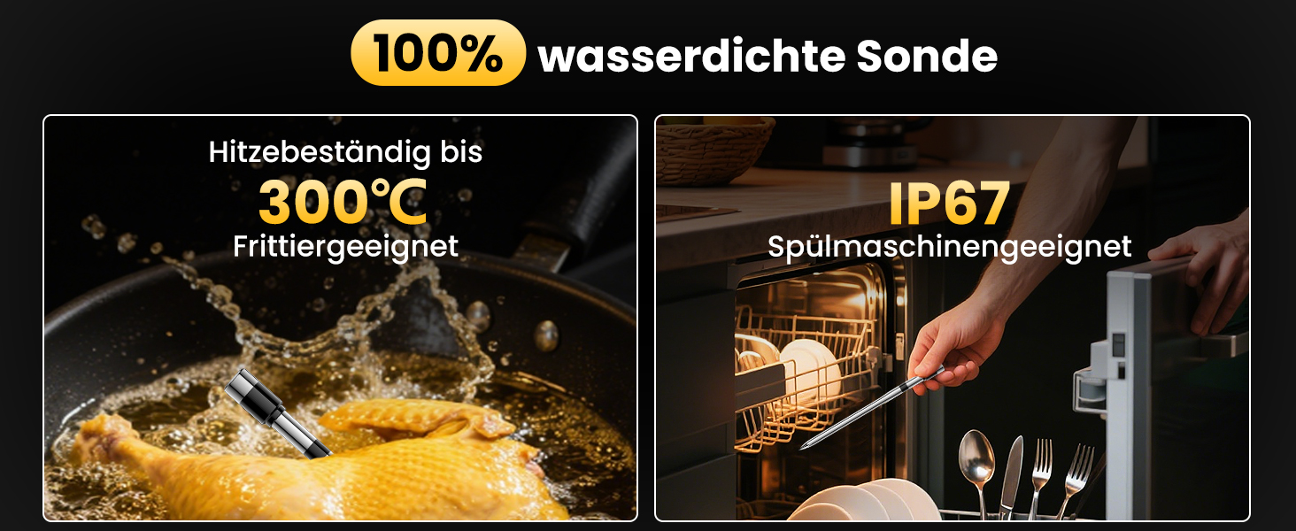 Бездротовий термометр для м'яса з Bluetooth, дальність до 240м, керування через додаток, до 24 години роботи, IP67, стійкий до миття в посудомийній машині та олії - для гриля, коптильні, ротатерія, духовки, фритюрниці