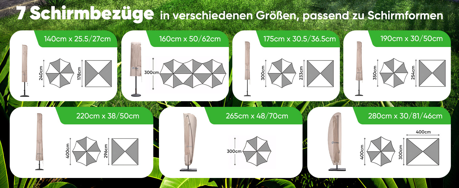 Чохол для парасольки 300 см Sekey Premium | Водонепроникний, UV 50+, з монтажним стрижнем та блискавкою, 175x30,5/36,5 см, Бежевий