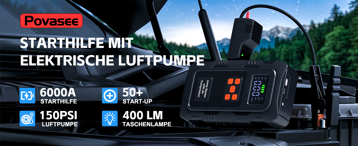 Пусковий інвертор Povasee 6000A з компресором 150 PSI та Powerbank, бустер для авто 12V з електричним насосом та ліхтариком (Помаранчевий/Чорний)
