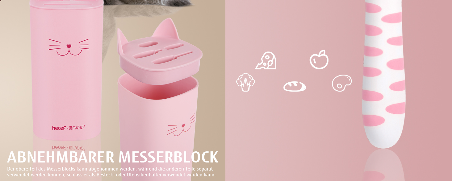 Набір кухонних ножів Hecef: 5 штук у блоці, рожевий, з ручками у формі котів