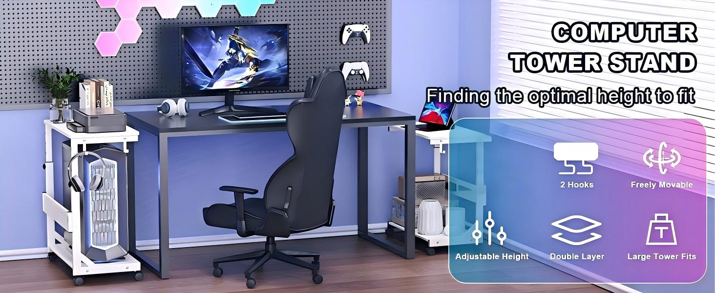 Регульована підставка для комп'ютерного блоку з 2 полицями та місцем для зберігання - для корпусів ATX, принтерів, з фіксуючими колесами (білий, 64 x 64 x 59-84,5 см)